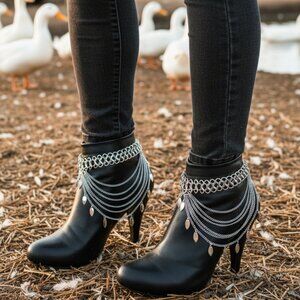 Women Silver Metal Chain 2 Boot Bracelets Anklet Shoe Leaf Charm Fashion Jewelry